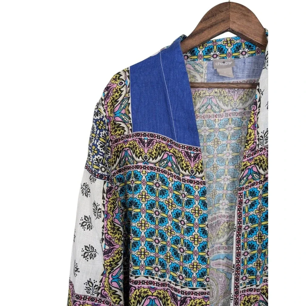 Chicos Linen Floral Paisley Kimono Jacket Size 2 12/14